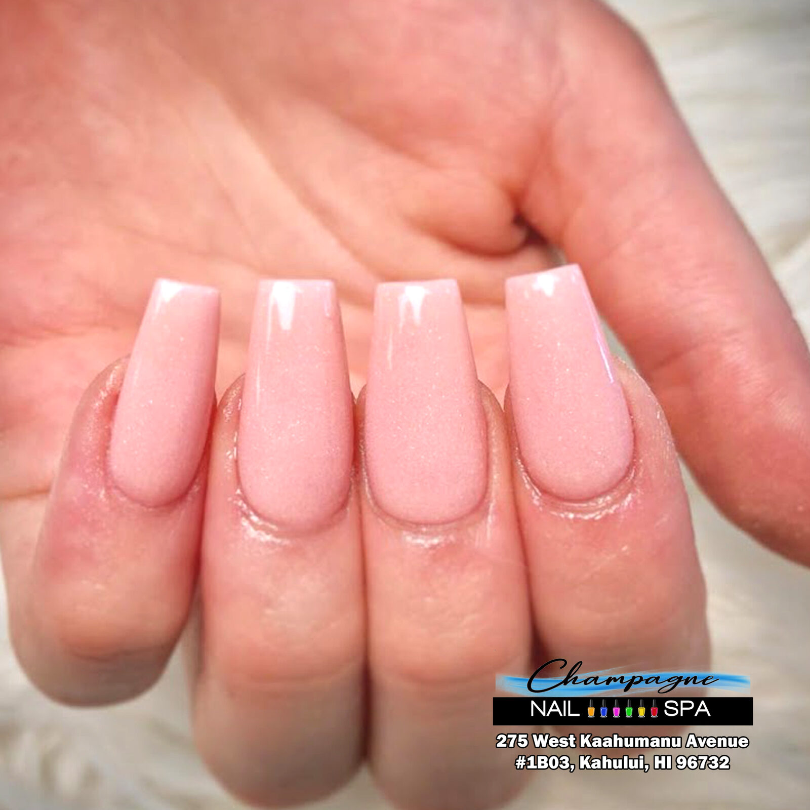 Baby-boomer pink-and-white ombré nails at Gold Nails Maui, Kahului