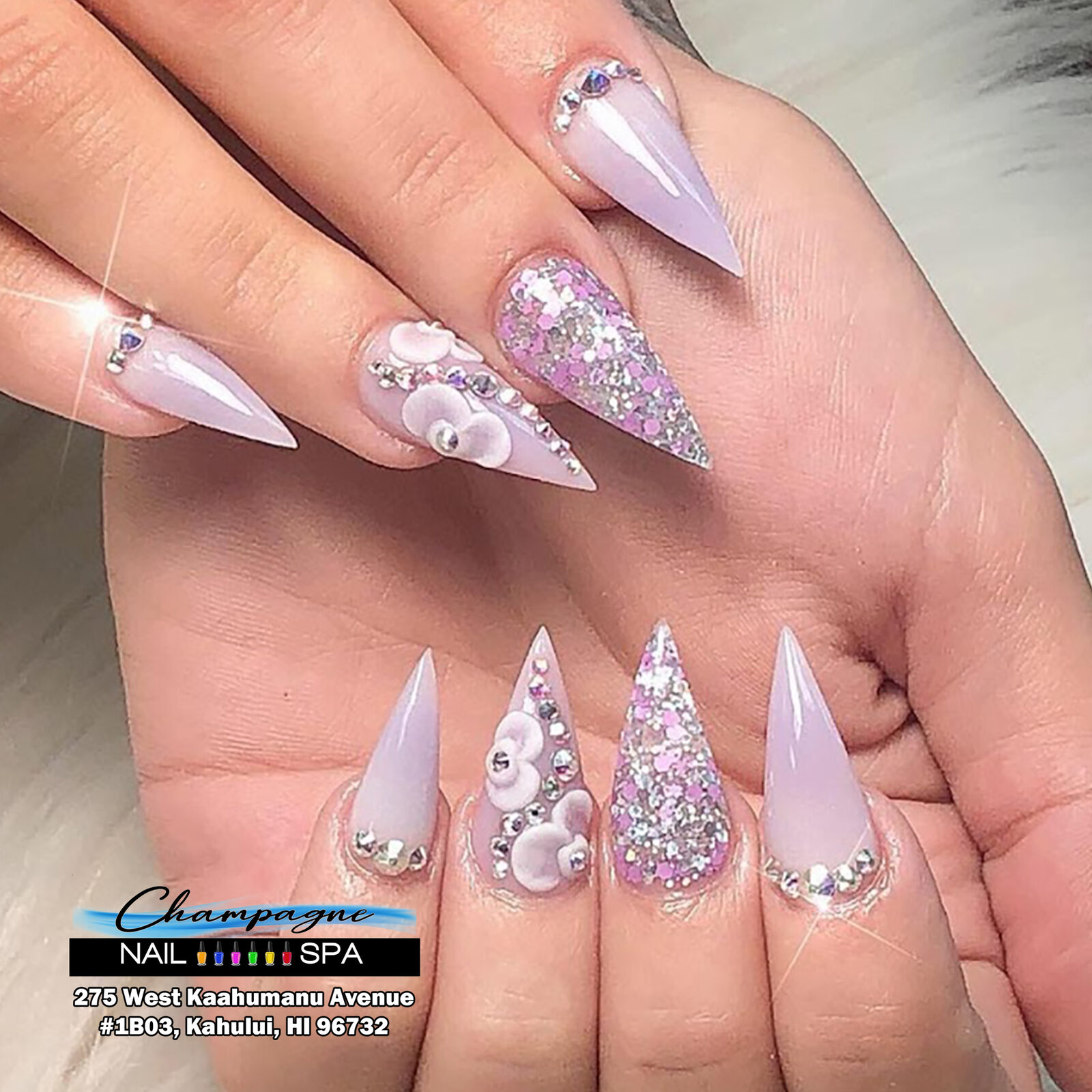 Bridal white nails with rhinestones at Gold Nails Maui, Kahului