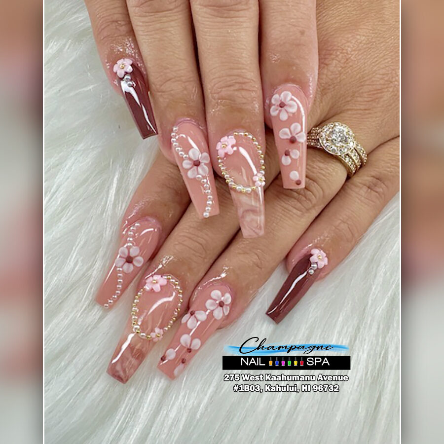 Cherry-blossom floral nail art at Gold Nails Maui, Kahului