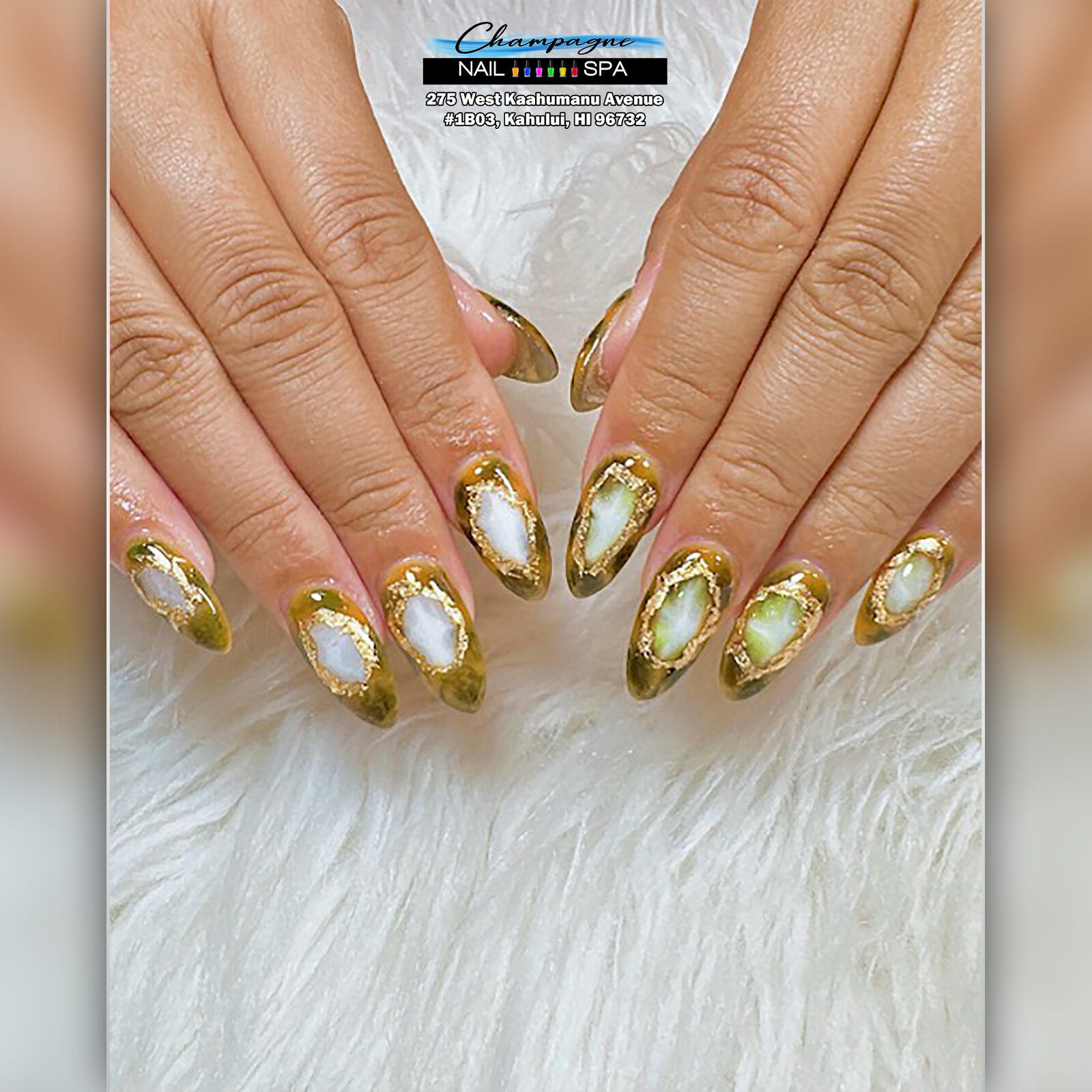 Nude nails with gold-foil marble accents at Gold Nails Maui, Kahului