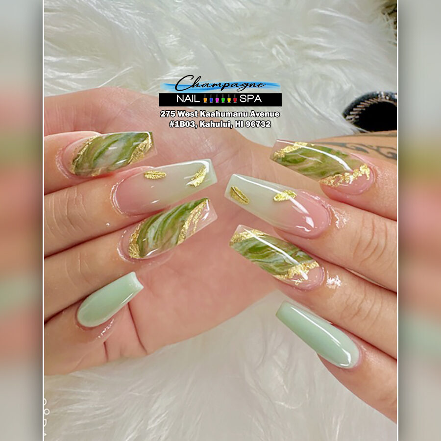 Jade green and gold marble nails at Gold Nails Maui, Kahului