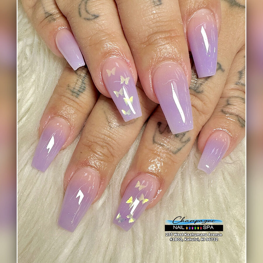 Lilac aura nails with butterfly accent at Gold Nails Maui, Kahului