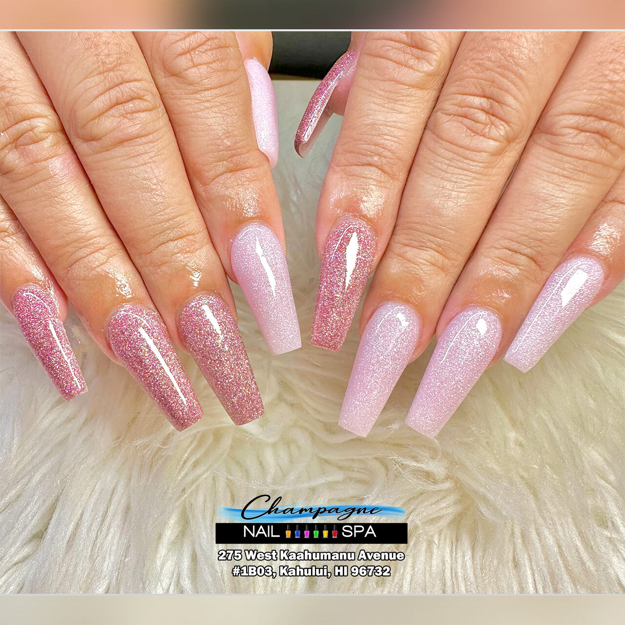 Pink glitter ombré nails at Gold Nails Maui, Kahului