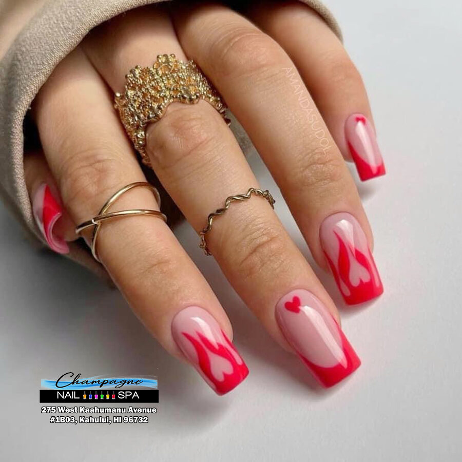 Red flame French-tip nails at Gold Nails Maui, Kahului