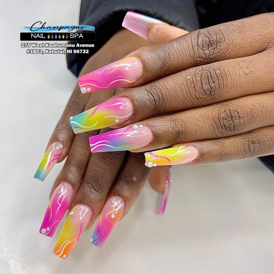 Tie-dye rainbow nails at Gold Nails Maui, Kahului