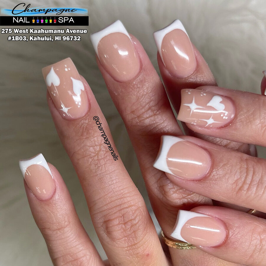 Classic white French coffin nails at Gold Nails Maui in Kahului